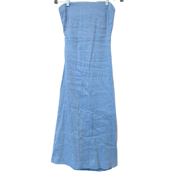 Theory Phyly Blue Strapless Pinstriped Dress Linen Tie Back - Picture 4 of 7